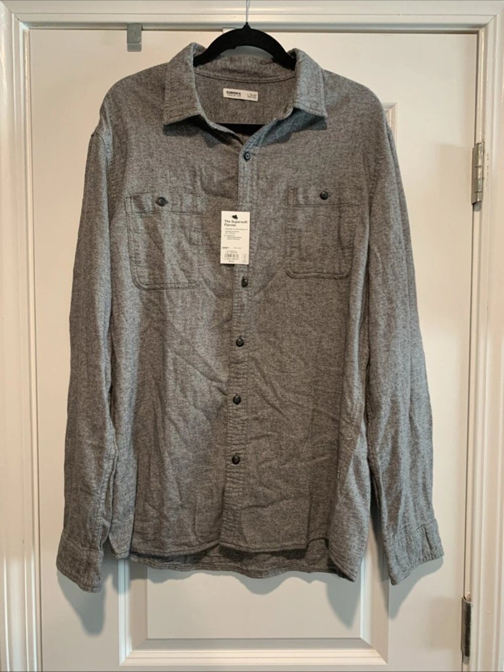 NEW Sonoma Men's Supersoft Flannel Shirt Size L Gray Slim Fit Button Up 2 Pocket